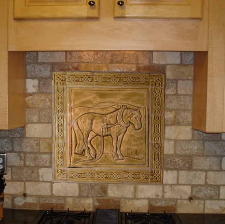Handmade Plough Horse Backsplash Tile: Wheat Glaze Celtic Border