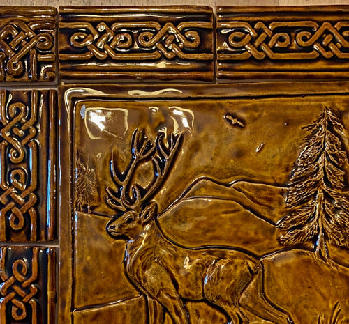 12"Celtic Stag Ceramic bas relief  Tile in Sienna  glaze, with border tiles