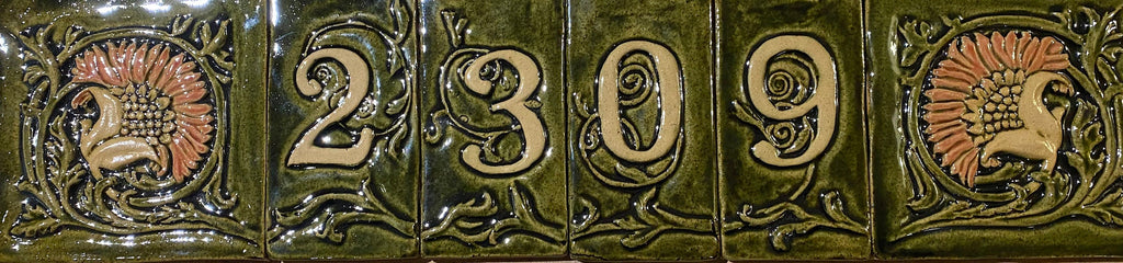 6" Floral Art nouveau Bas relief handmade tile in Moss green