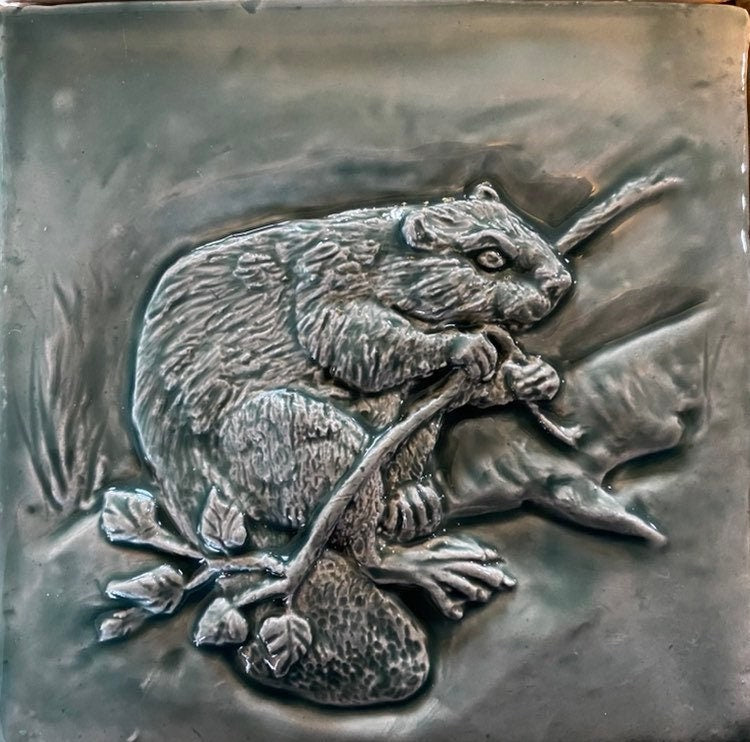 6" Handmade bas -relief ceramic beaver tile