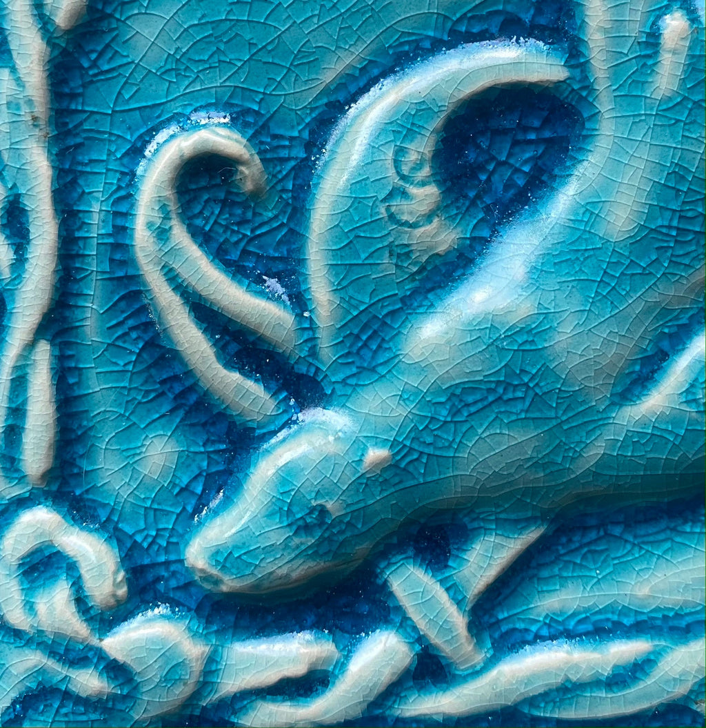 Handmade Celtic Selkie Seal Tile: Crackle Blue Glaze, 4" Ceramic Bas Relief