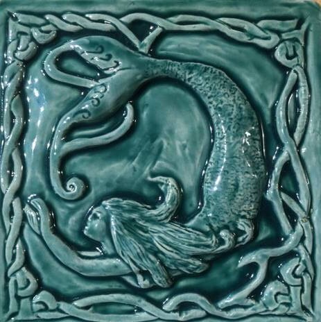 Handmade Celtic Mermaid Tile: Crackle Glaze Ceramic Bas Relief
