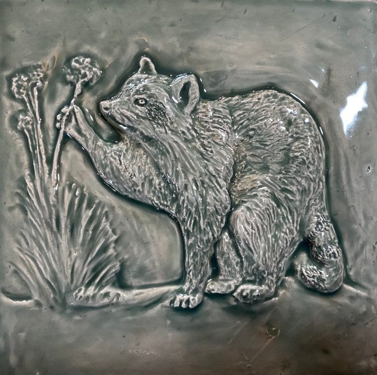 6" Handmade bas -relief ceramic racoon tile