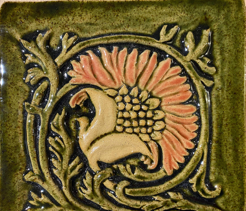 6" Floral Art nouveau Bas relief handmade tile in Moss green