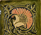 6" Floral Art nouveau Bas relief handmade tile in Moss green