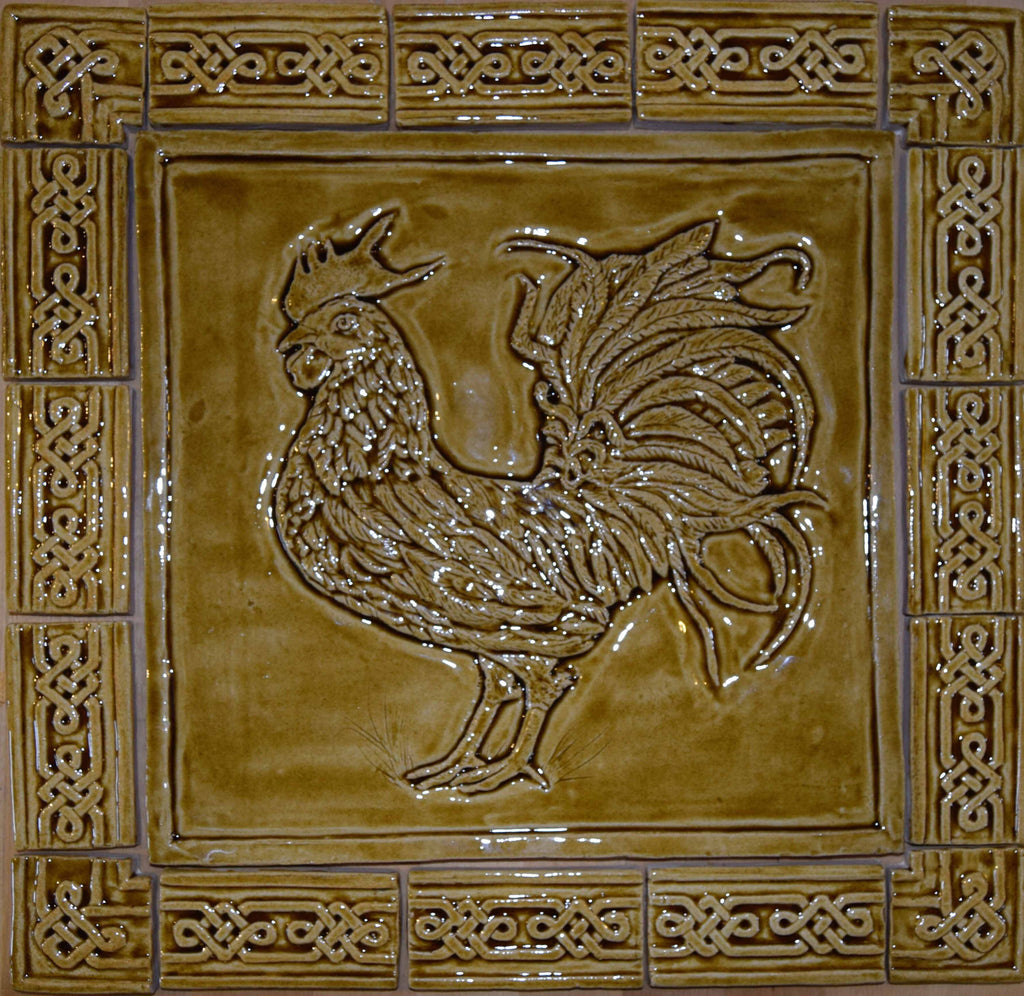 Ceramic bas relief cockerel backsplash in wheat glaze and celtic knot border.