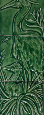 Ceramic Elegant mother Heron with baby chick 8″ x 24″ in crackle green  glaze.