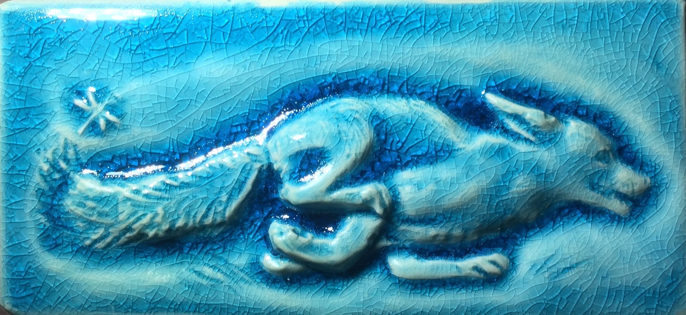 Playful fox ceramic subway tiles. Set of three in Crackle blue glaze