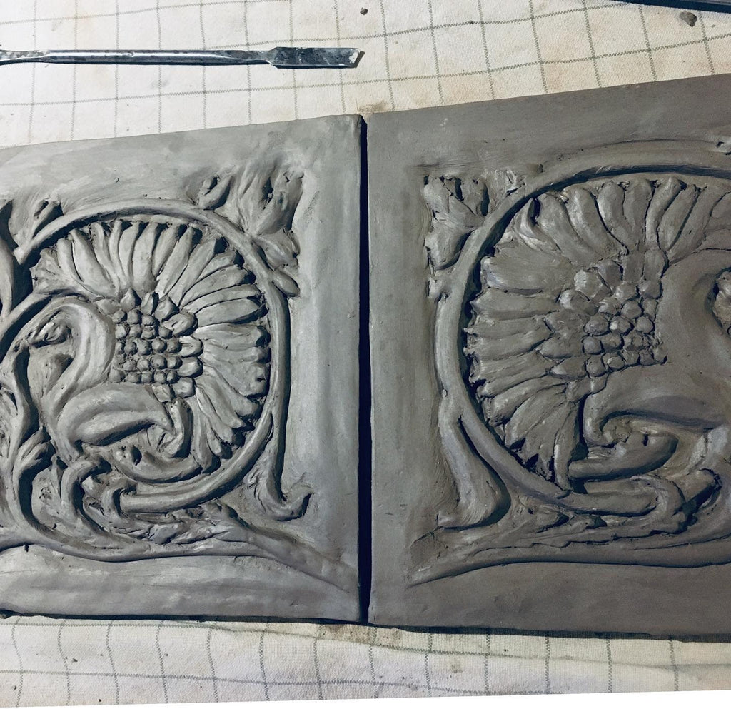 6" Floral Art nouveau Bas relief handmade tile in Moss green