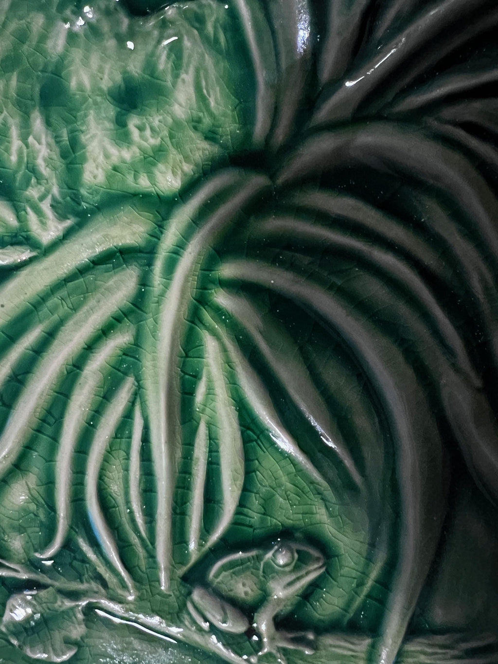 Ceramic Elegant mother Heron with baby chick 8″ x 24″ in crackle green  glaze.