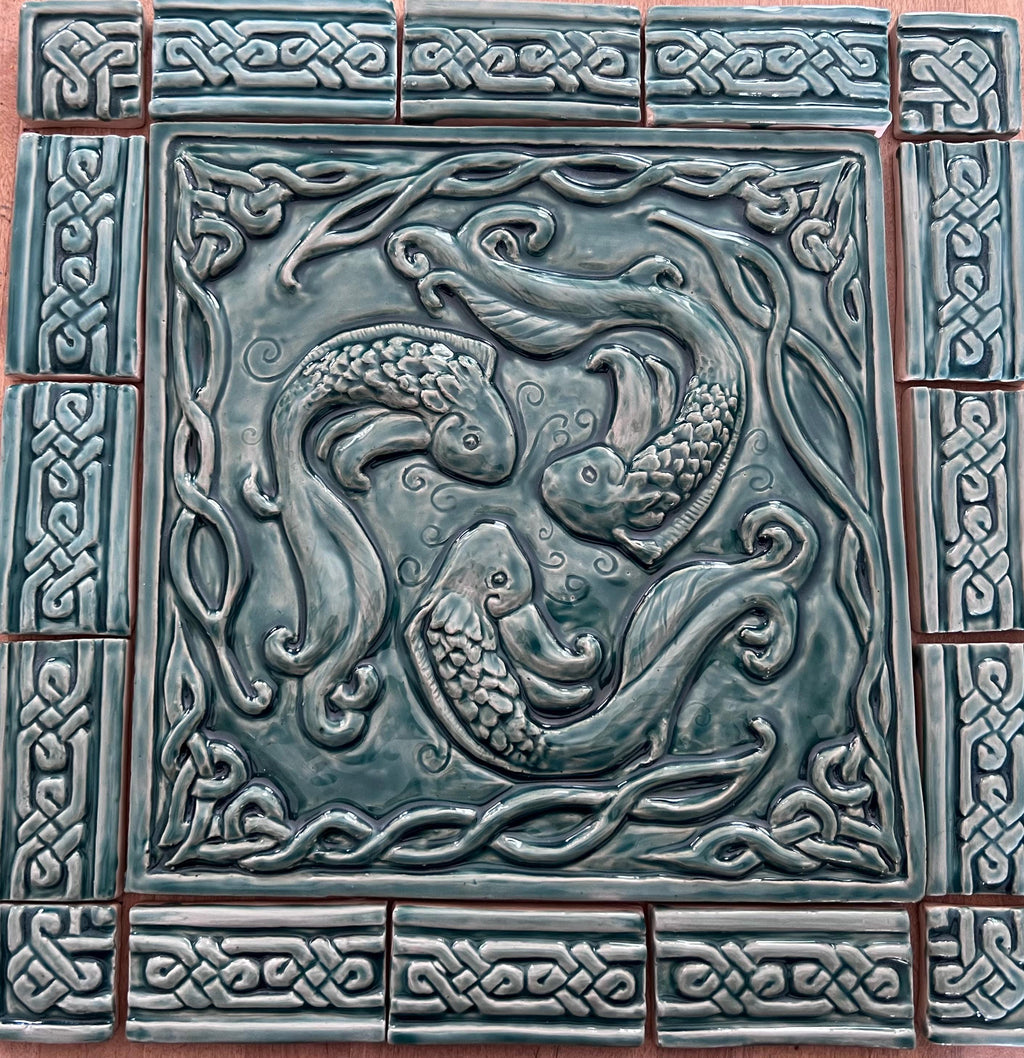 Handmade Ceramic Fish Tile Backsplash: Celtic Border, Turquoise Glaze