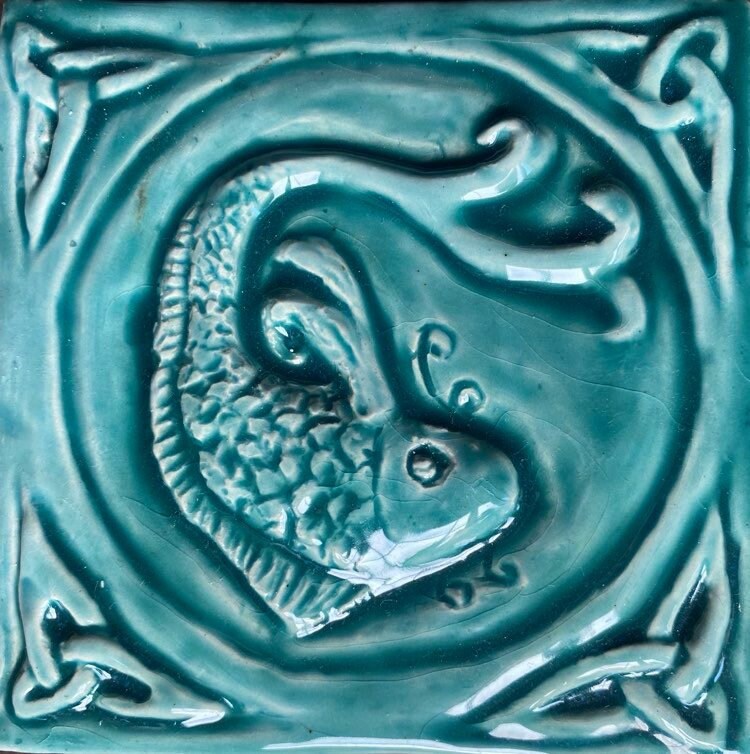 4"Handmade ceramic Celtic Fish tile in Turquoise  Glaze