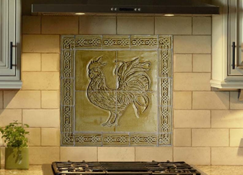 Ceramic bas relief cockerel backsplash in wheat glaze and celtic knot border.