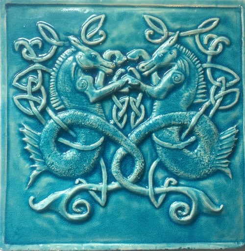 Handmade Backsplash Celtic Seahorse bas relief tile in crackle blue glaze. 12"x12"