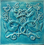 Handmade Backsplash Celtic Seahorse bas relief tile in crackle blue glaze. 12"x12"