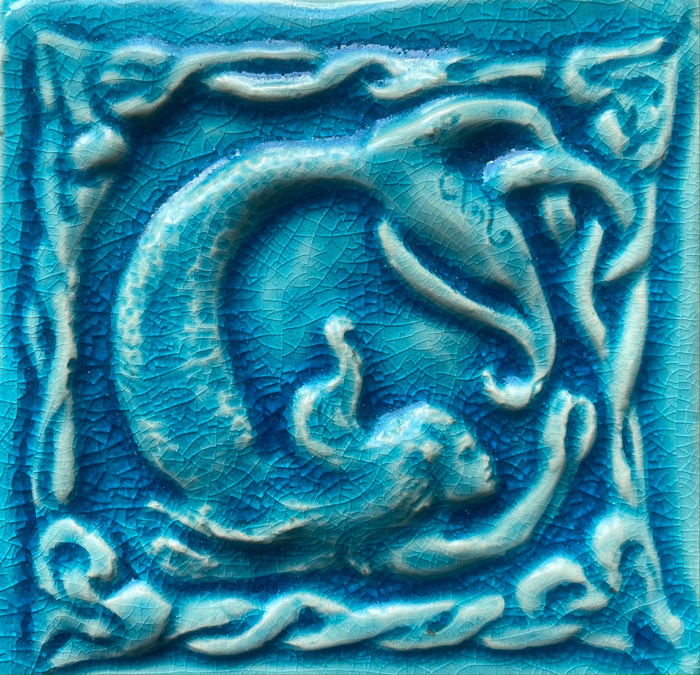 4"Handmade Celtic Mermaid ceramic bas relief tile in crackle apple  glaze( other glaze options available)