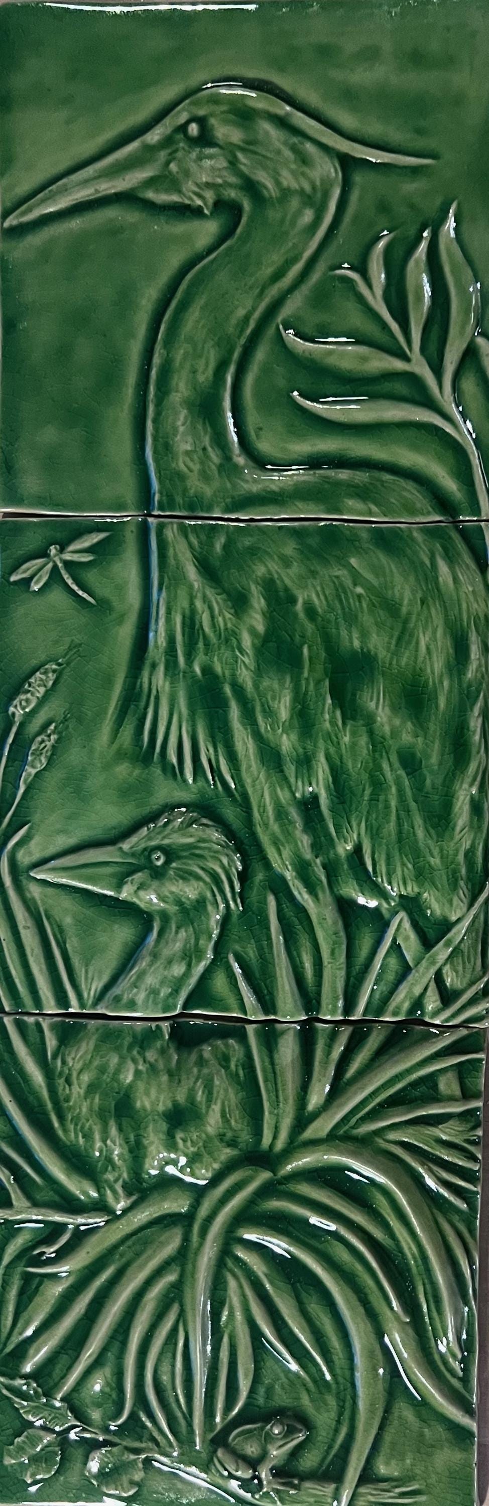 Ceramic Elegant mother Heron with baby chick 8″ x 24″ in crackle green  glaze.