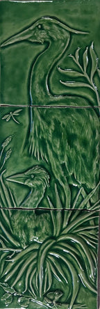Ceramic Elegant mother Heron with baby chick 8″ x 24″ in crackle green  glaze.