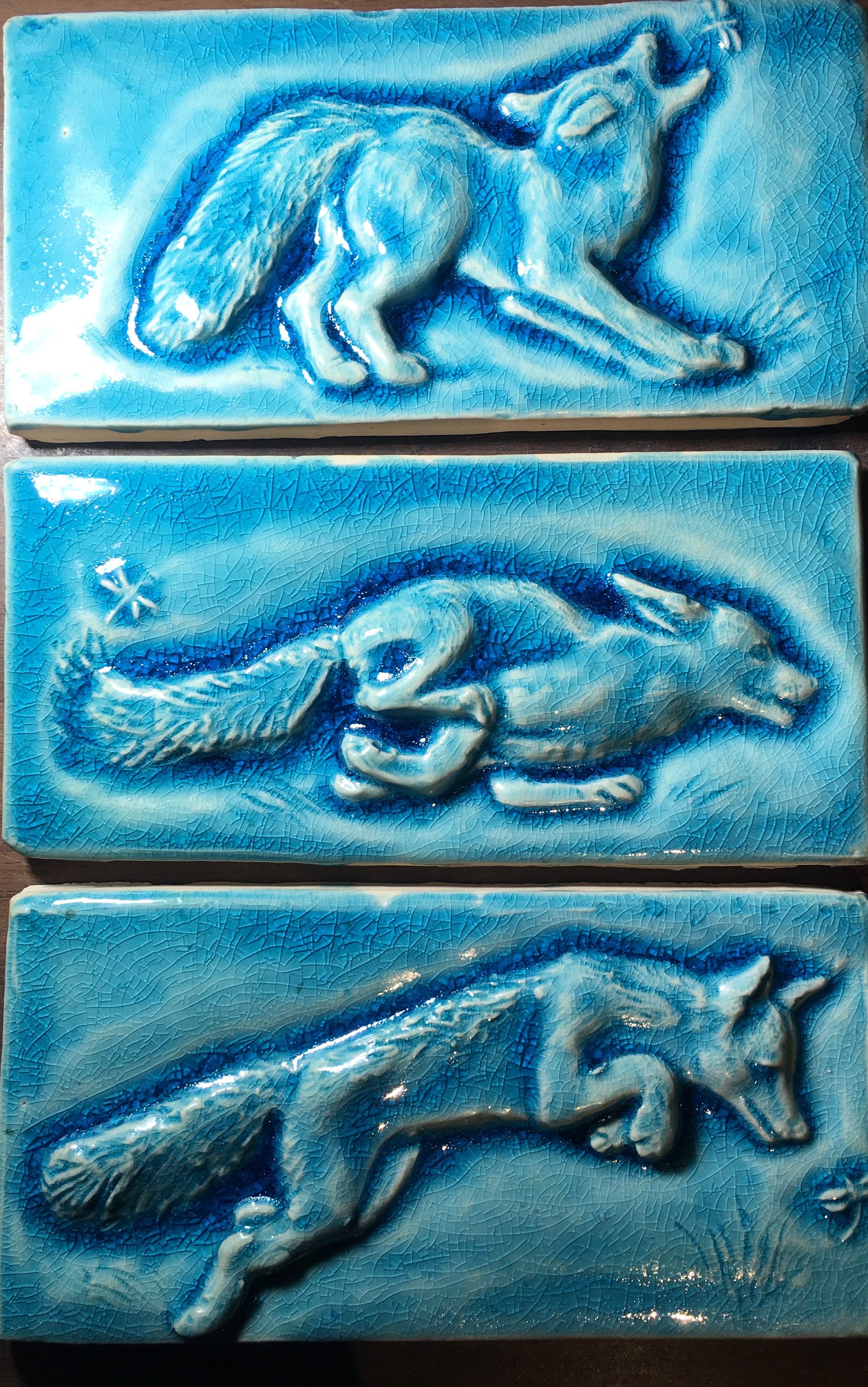Playful fox ceramic subway tiles. Set of three in Crackle blue glaze