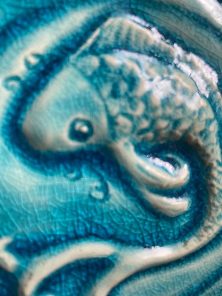4"Handmade ceramic Celtic Fish tile in Turquoise  Glaze