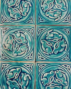 6"Crackle blue Celtic bunnies ceramic tile in stoneware clay .