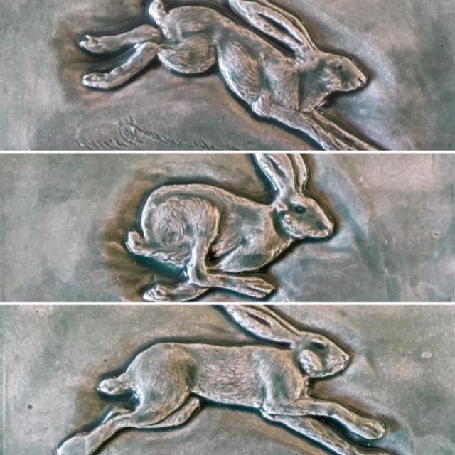 Set of three Running Hare Subway feature tiles in a soft Green /Grey Glaze