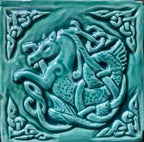 Handmade Celtic Seahorse ceramic bas relief tile in Turquoise  glaze. 6'X6' Left facing