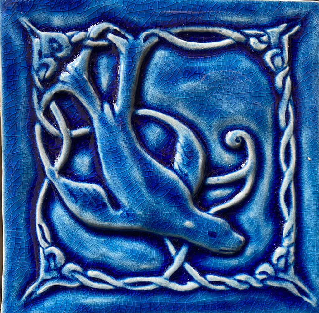Handmade Celtic Selkie Tile: Turquoise Ceramic Bas Relief