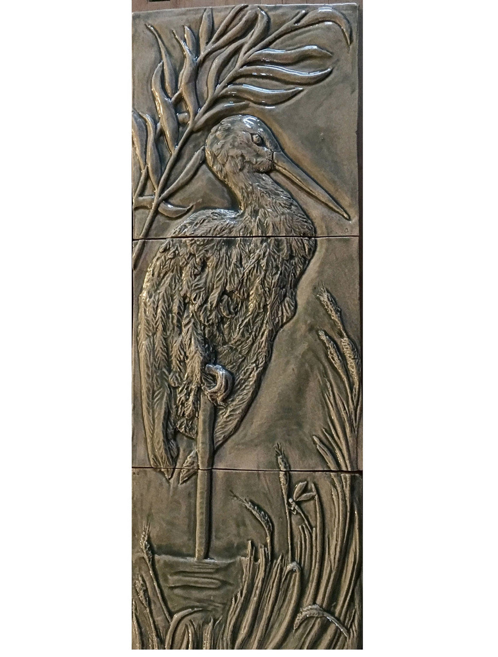 Ceramic Elegant Heron, 8″ x 24″ in Grey green glaze.