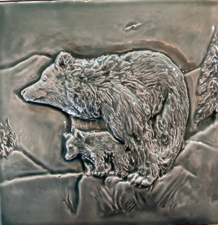 6" Handmade bas -relief ceramic Momma bear and cub  tile