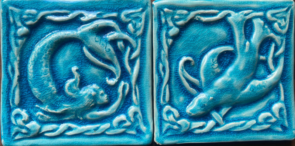 Handmade Celtic Selkie Seal Tile: Crackle Blue Glaze, 4" Ceramic Bas Relief