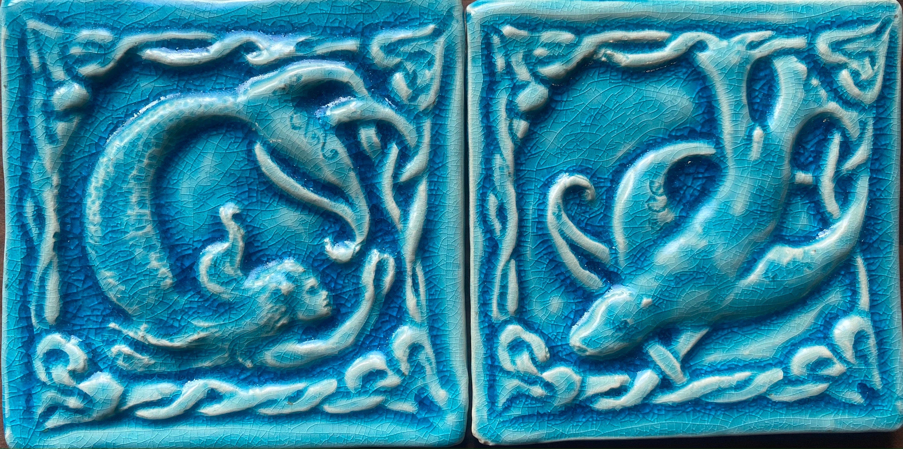Handmade Celtic Selkie Seal Tile: Crackle Blue Glaze, 4" Ceramic Bas Relief