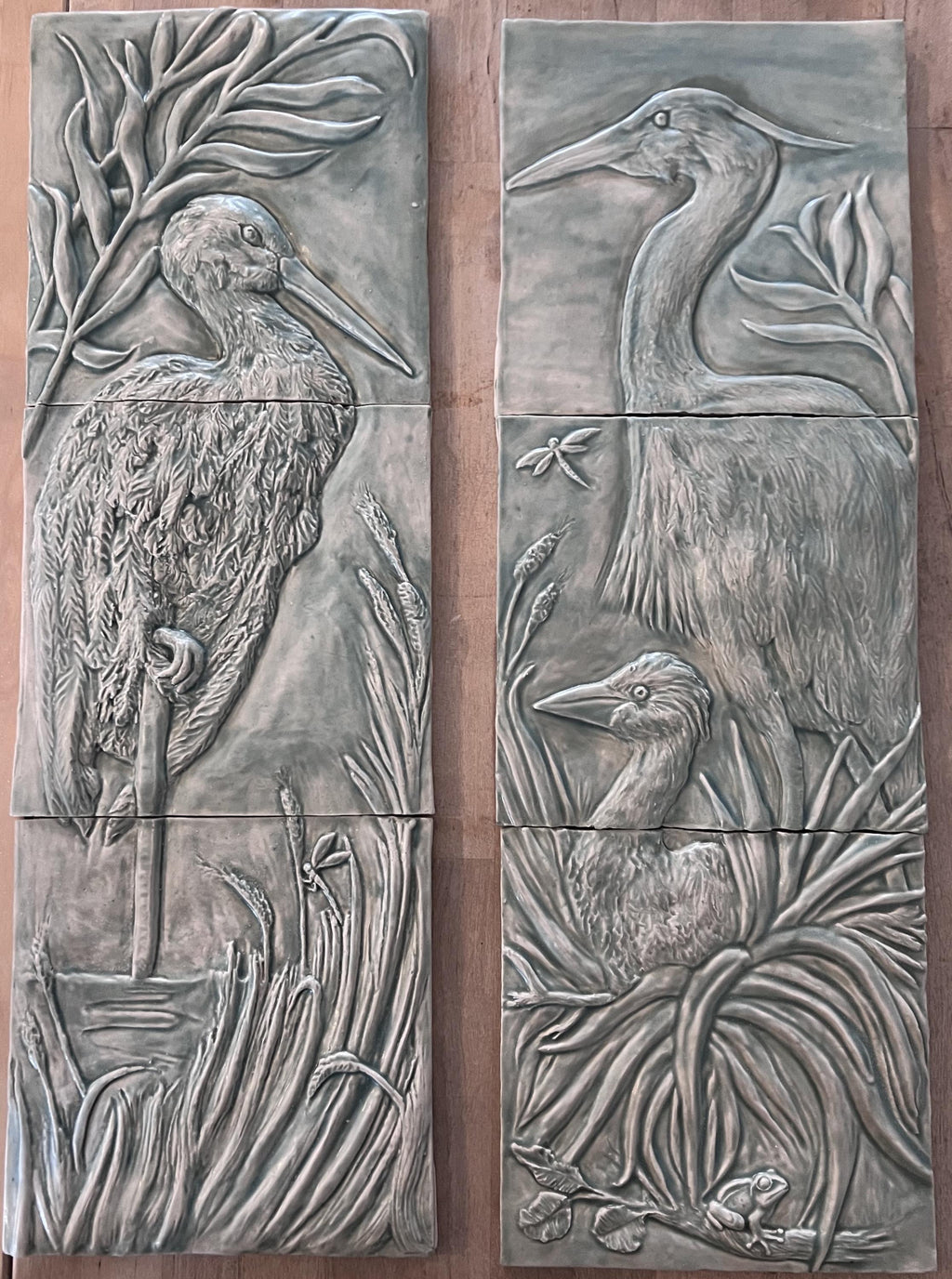 Ceramic Elegant mother Heron with baby chick 8″ x 24″ in crackle green  glaze.