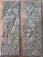 Ceramic Elegant mother Heron with baby chick 8″ x 24″ in crackle green  glaze.