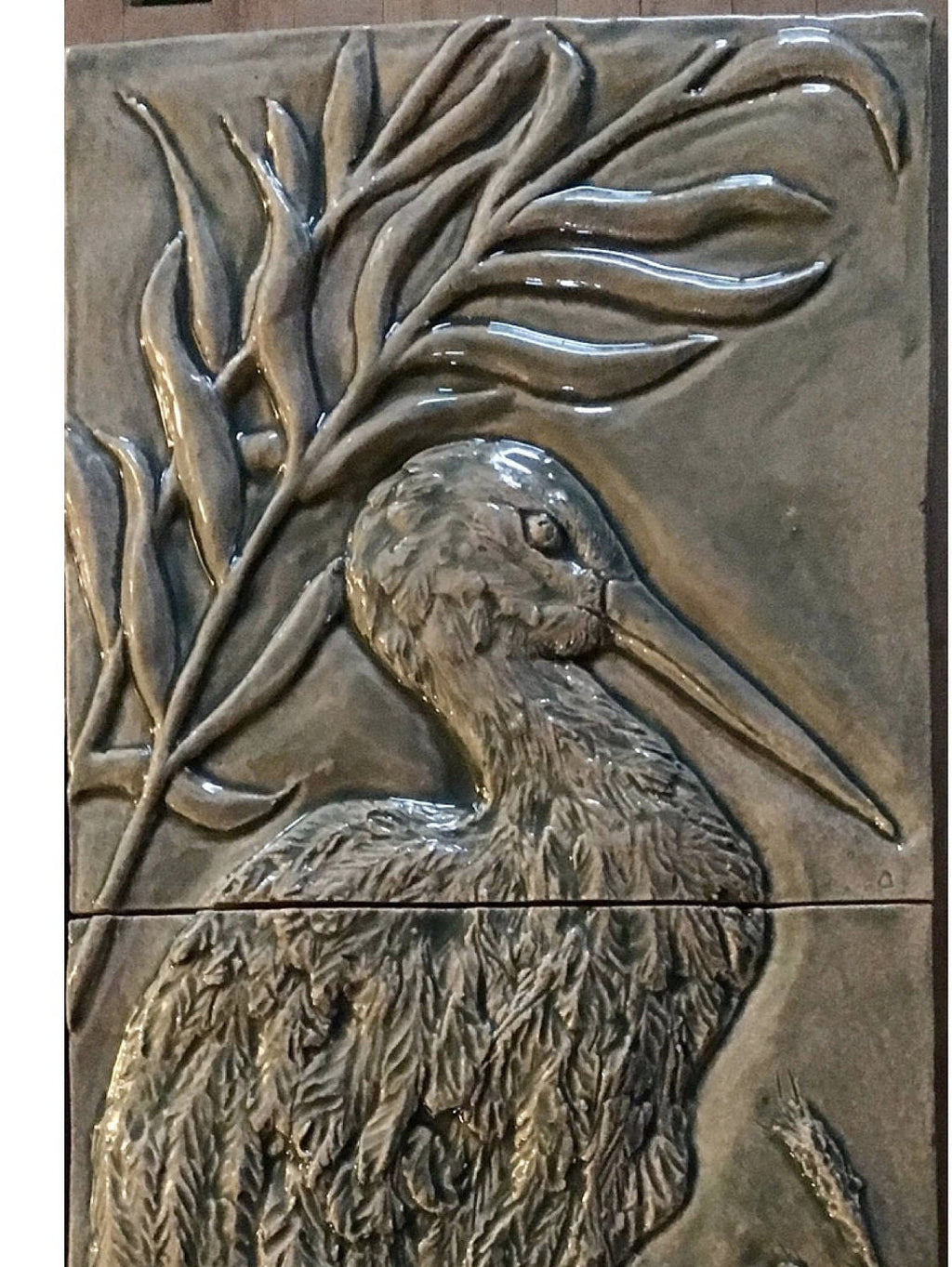 Ceramic Elegant Heron, 8″ x 24″ in Grey green glaze.