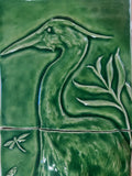 Ceramic Elegant mother Heron with baby chick 8″ x 24″ in crackle green  glaze.