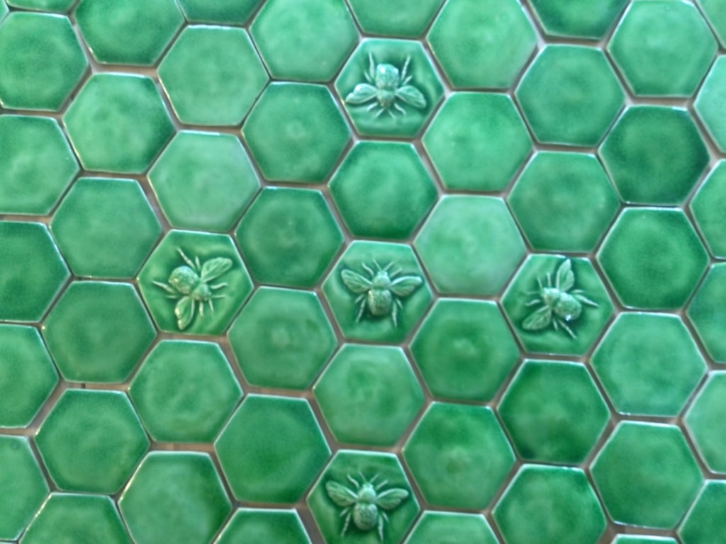 Handmade Crackle Green Bee Tile: Stoneware Hexagon Deco