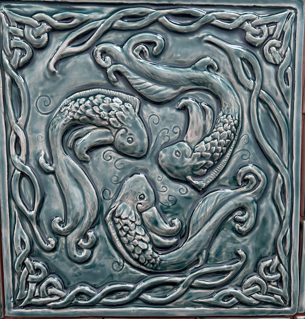 Handmade Ceramic Fish Tile Backsplash: Celtic Border, Turquoise Glaze