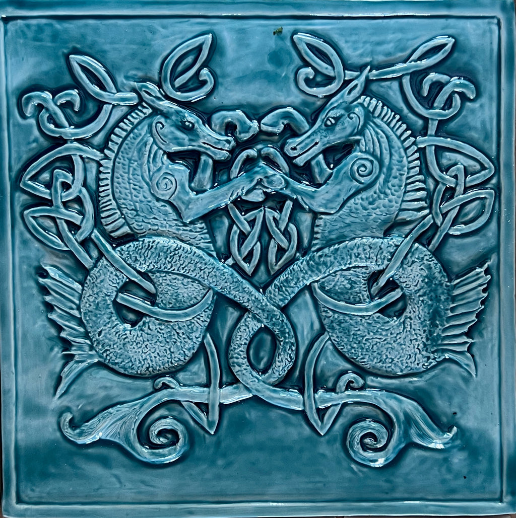 Handmade Backsplash Celtic Seahorse bas relief tile in crackle blue glaze. 12"x12"