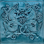 Handmade Backsplash Celtic Seahorse bas relief tile in crackle blue glaze. 12"x12"