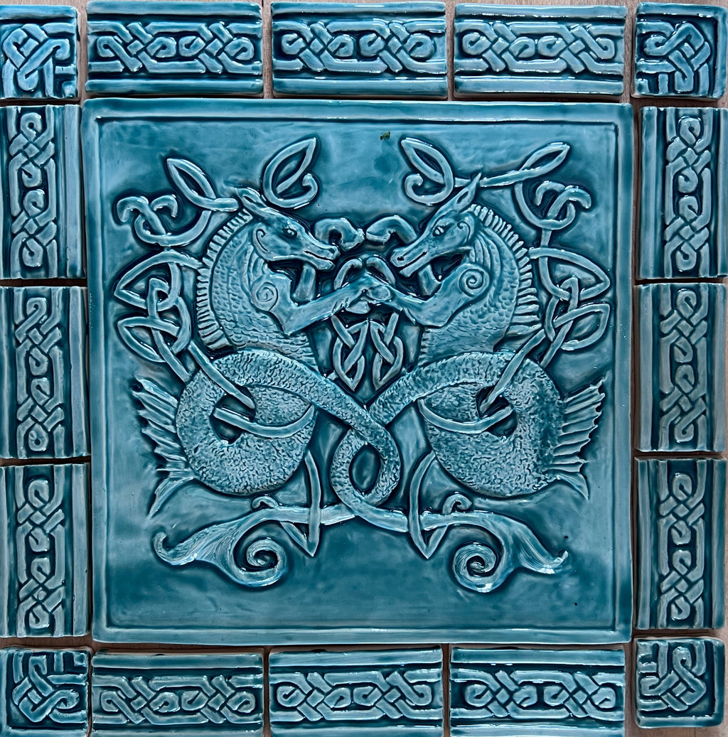Handmade Backsplash Celtic Seahorse bas relief tile in crackle blue glaze. 12"x12"