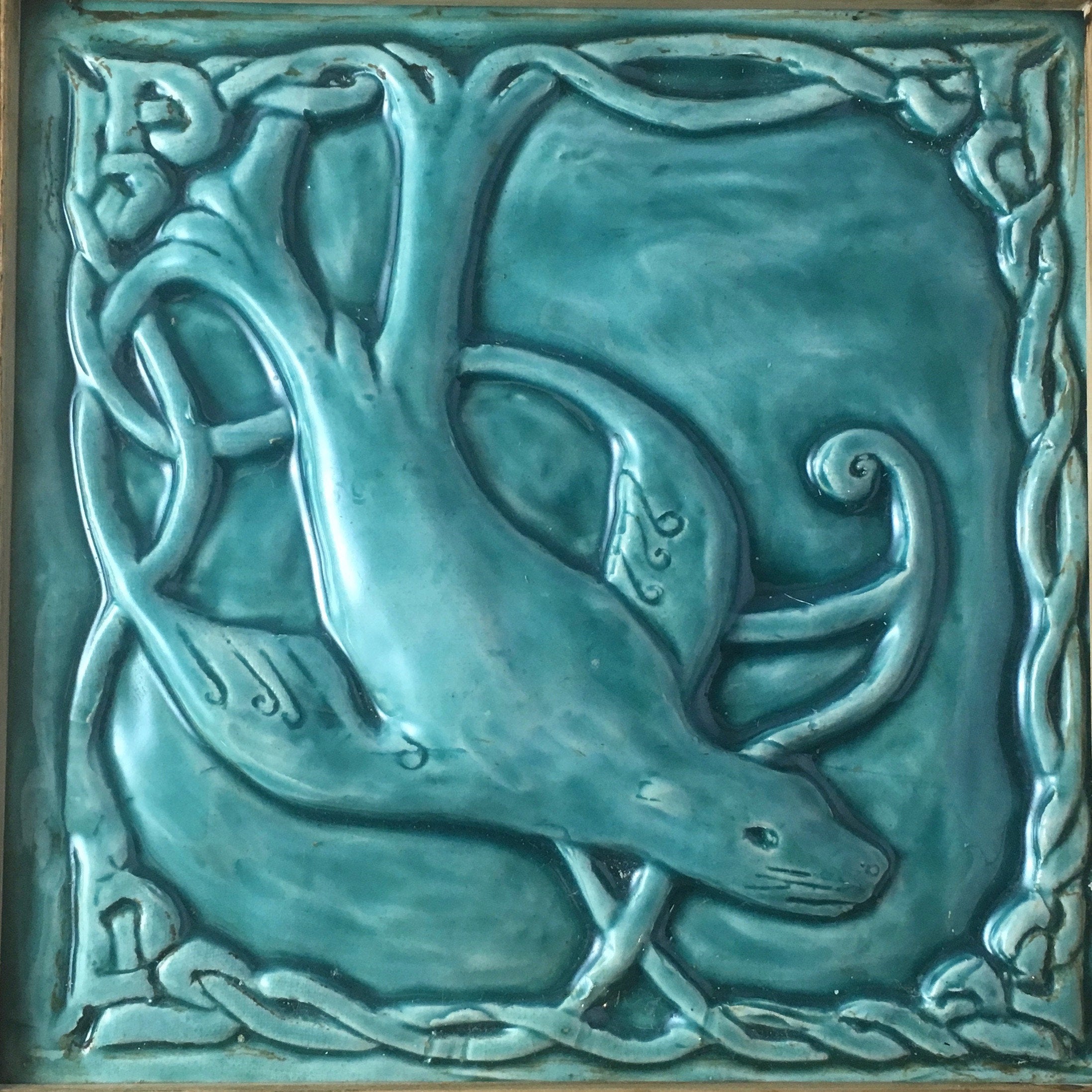 Handmade Celtic Selkie Tile: Turquoise Ceramic Bas Relief