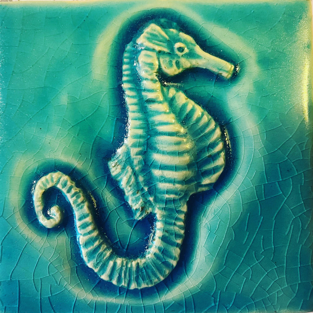 4”Ceramic seahorse tile in crackle blue