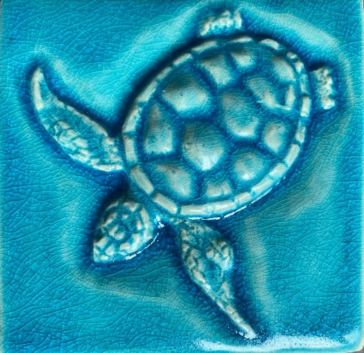 4”Ceramic sea Turtle tile in crackle blue