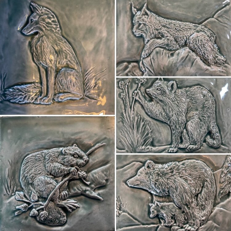 6" Handmade bas -relief ceramic racoon tile