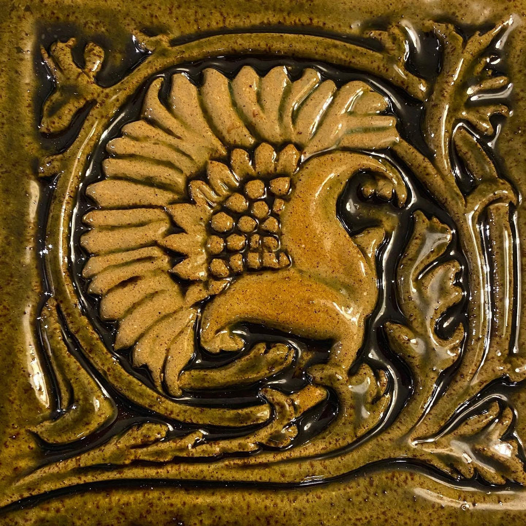 6" Floral Art nouveau Bas relief handmade tile in Moss green