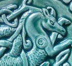 Handmade Celtic Seahorse ceramic bas relief tile in Turquoise  glaze. 6'X6' Right facing