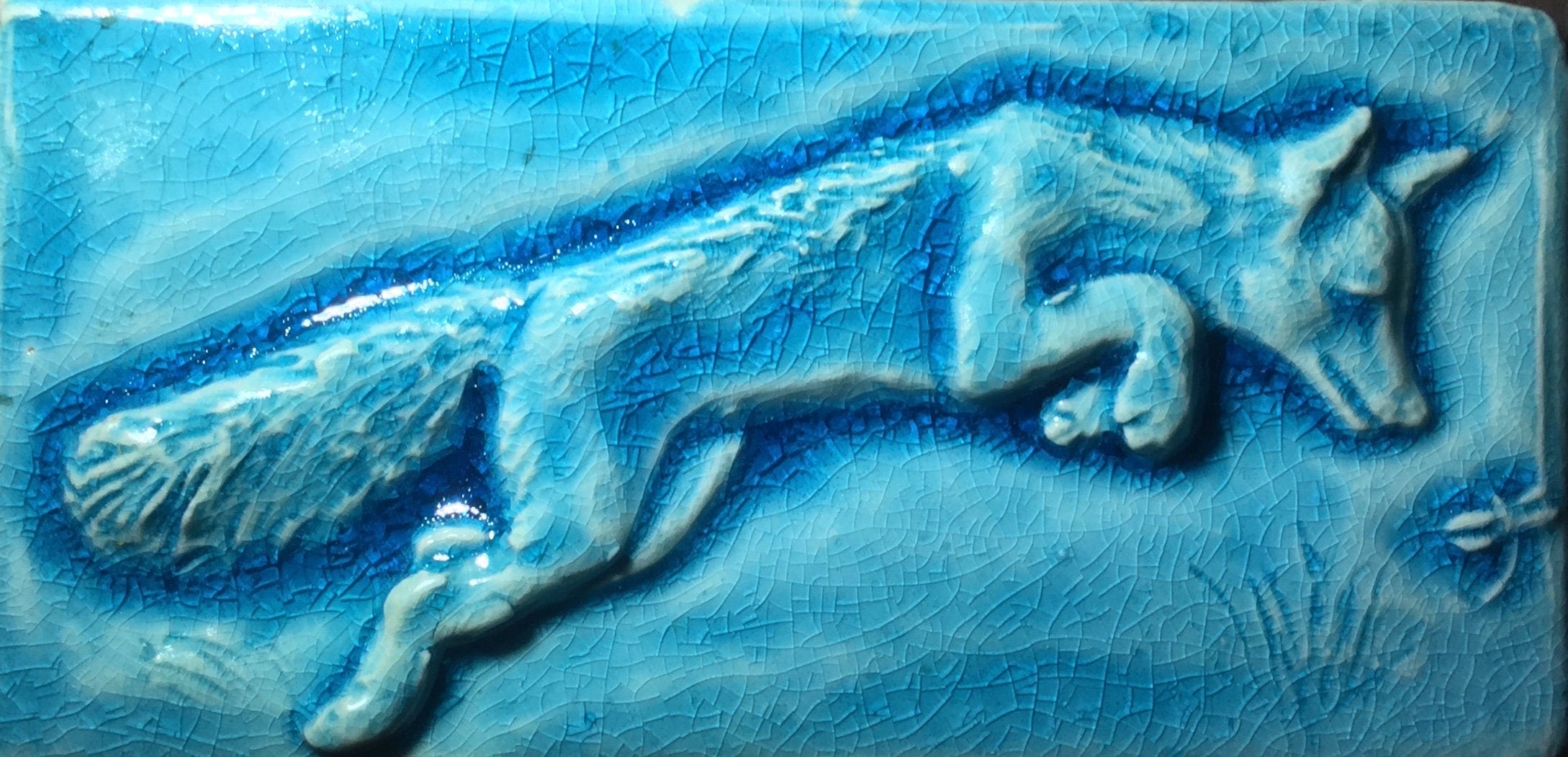Playful fox ceramic subway tiles. Set of three in Crackle blue glaze