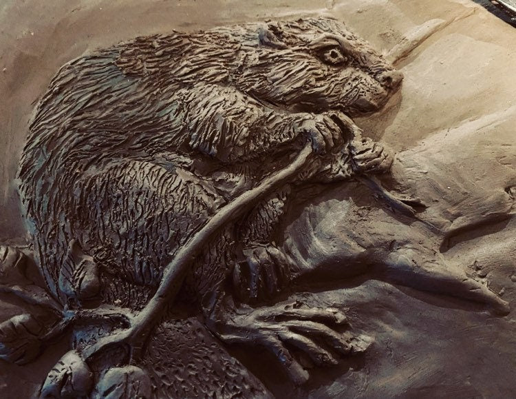6" Handmade bas -relief ceramic beaver tile