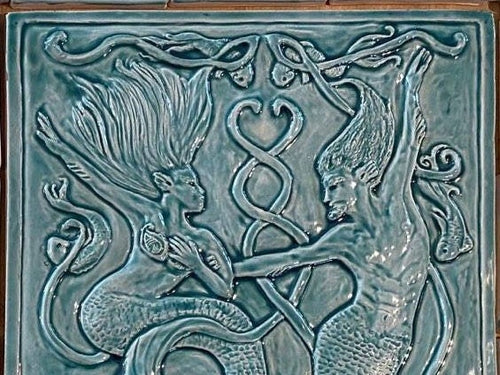 12"Mythical Mermaid and Mermen  Backsplash tile with Celtic border (size approx16" with Border tiles)
